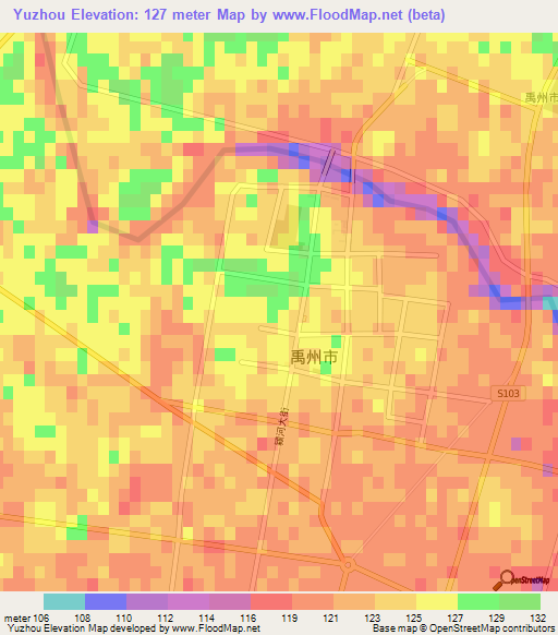 Yuzhou,China Elevation Map