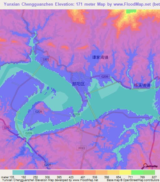Yunxian Chengguanzhen,China Elevation Map
