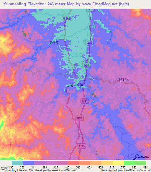Yunmenling,China Elevation Map