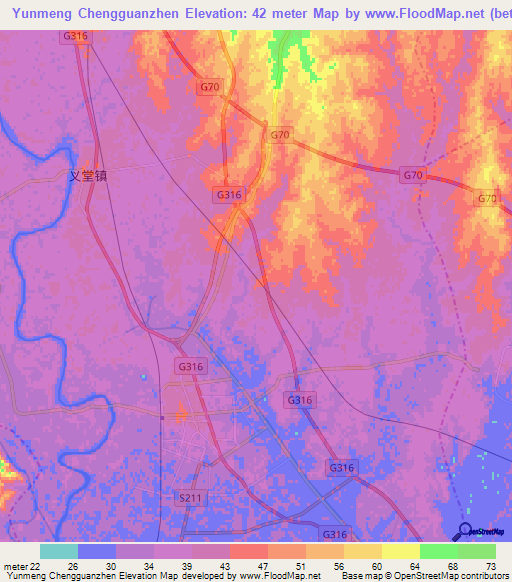 Yunmeng Chengguanzhen,China Elevation Map