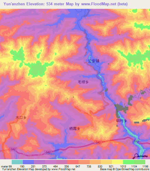 Yun'anzhen,China Elevation Map