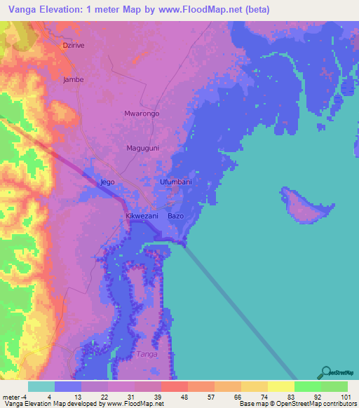 Vanga,Kenya Elevation Map