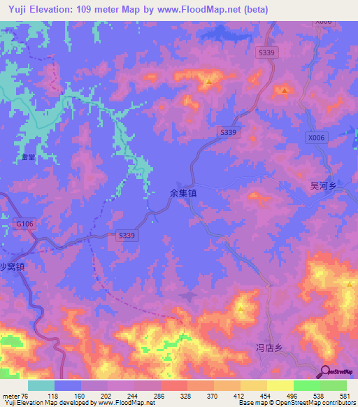 Yuji,China Elevation Map