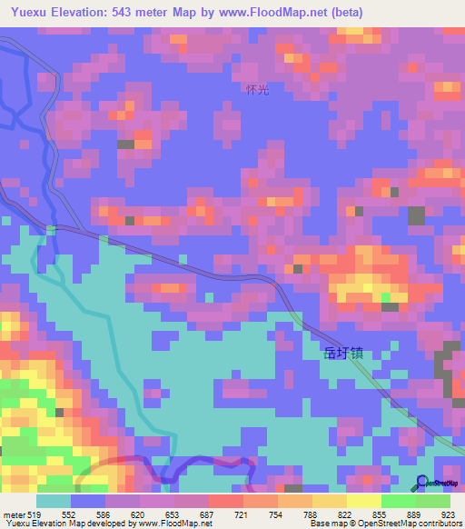 Yuexu,China Elevation Map