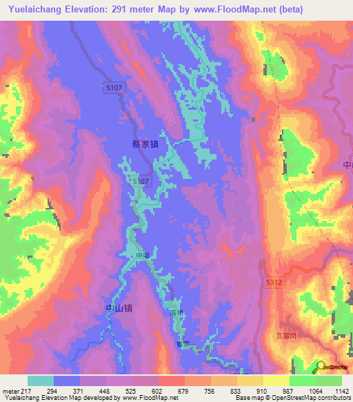 Yuelaichang,China Elevation Map
