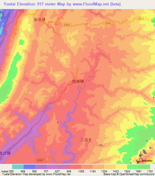 Yuelai,China Elevation Map