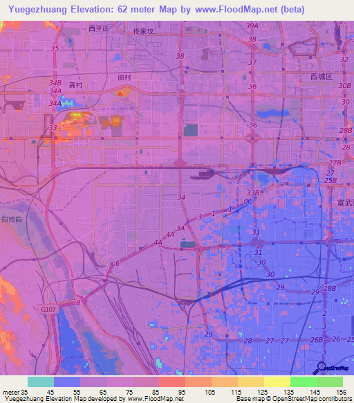Yuegezhuang,China Elevation Map