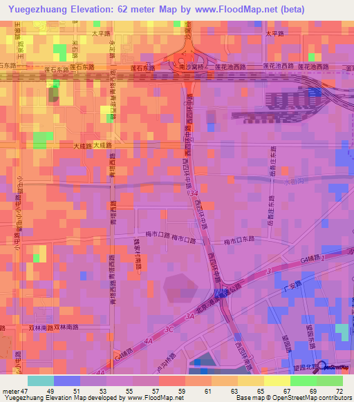 Yuegezhuang,China Elevation Map