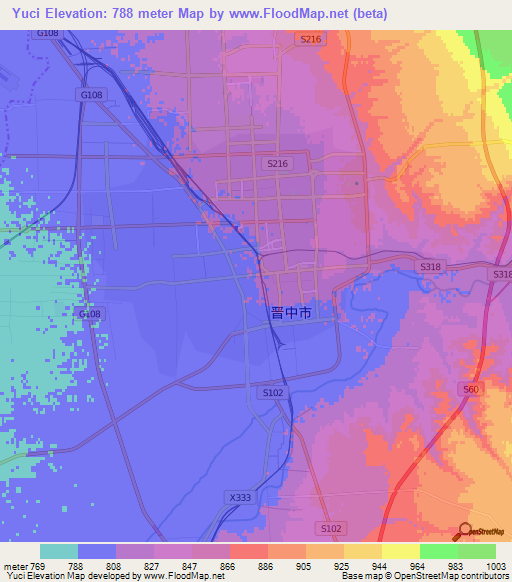 Yuci,China Elevation Map