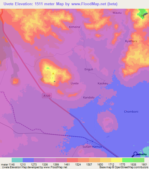 Uvete,Kenya Elevation Map