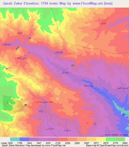 Qarah Zaker,Iran Elevation Map