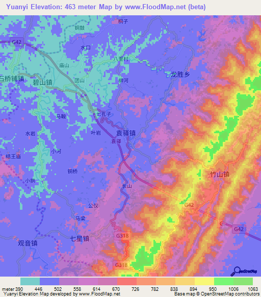 Yuanyi,China Elevation Map