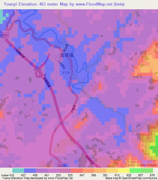 Yuanyi,China Elevation Map