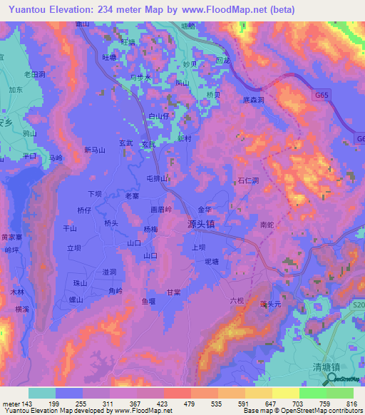 Yuantou,China Elevation Map
