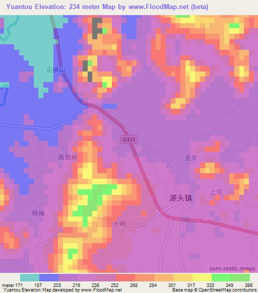 Yuantou,China Elevation Map