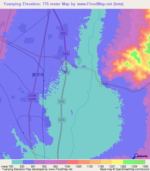 Yuanping,China Elevation Map