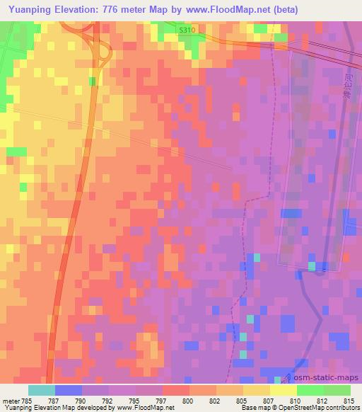 Yuanping,China Elevation Map
