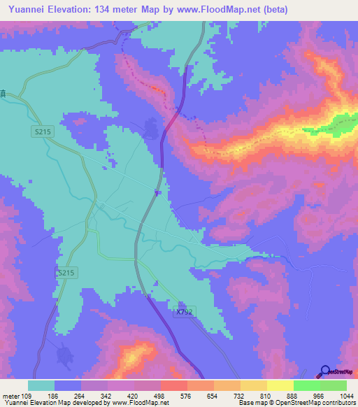 Yuannei,China Elevation Map