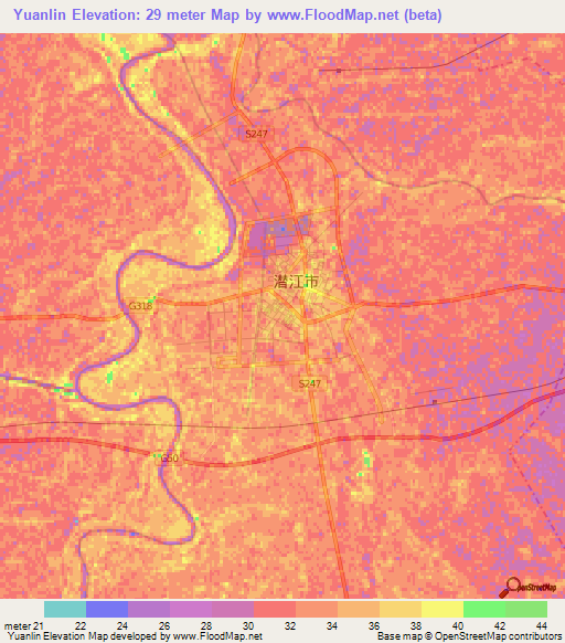 Yuanlin,China Elevation Map
