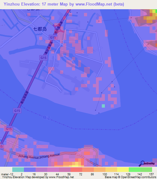 Yinzhou,China Elevation Map