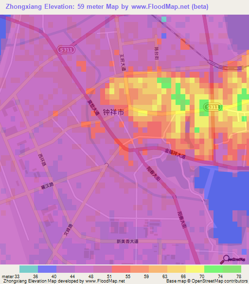 Zhongxiang,China Elevation Map