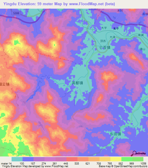 Yingdu,China Elevation Map