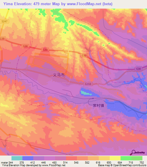 Yima,China Elevation Map