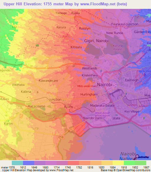 Upper Hill,Kenya Elevation Map