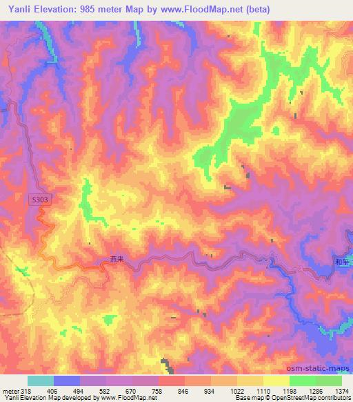 Yanli,China Elevation Map