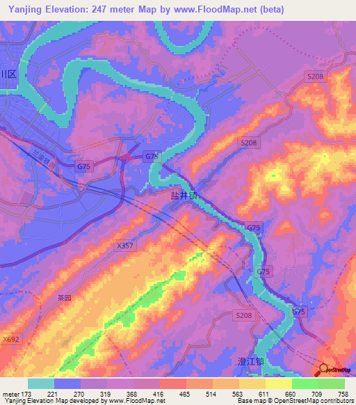 Yanjing,China Elevation Map