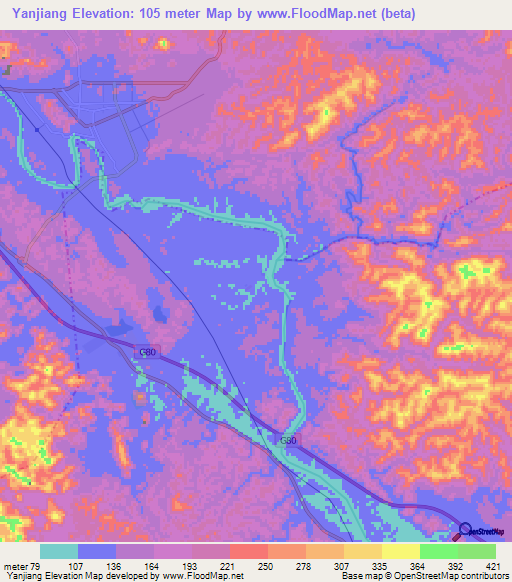 Yanjiang,China Elevation Map