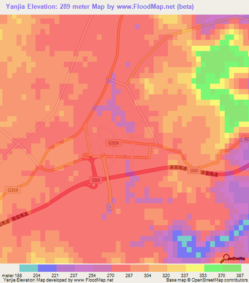 Yanjia,China Elevation Map