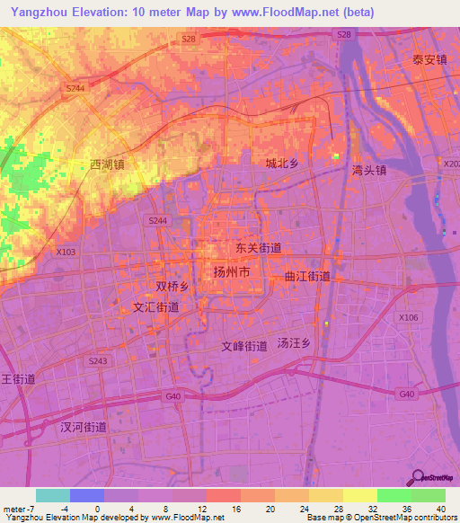 Yangzhou,China Elevation Map