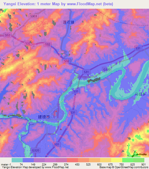 Yangxi,China Elevation Map