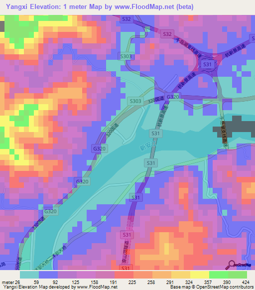 Yangxi,China Elevation Map