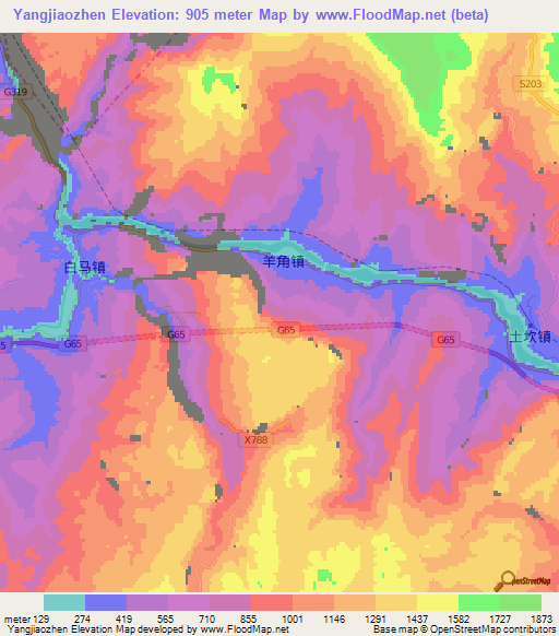 Yangjiaozhen,China Elevation Map