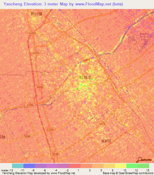 Yancheng,China Elevation Map