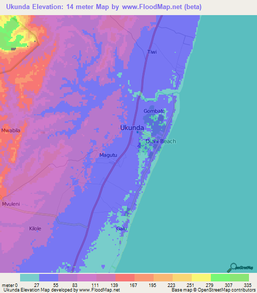 Ukunda,Kenya Elevation Map