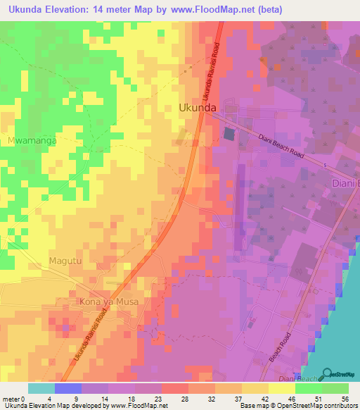 Ukunda,Kenya Elevation Map