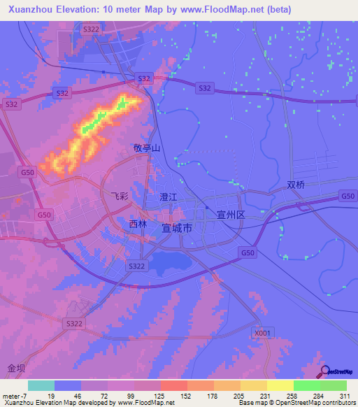 Xuanzhou,China Elevation Map