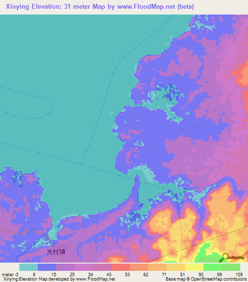 Xinying,China Elevation Map