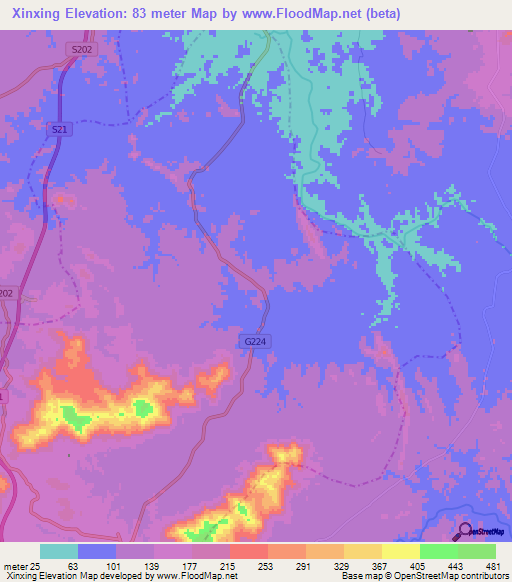 Xinxing,China Elevation Map