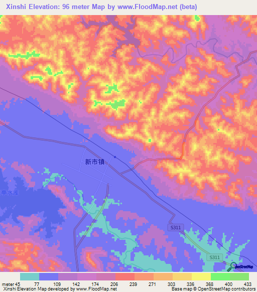 Xinshi,China Elevation Map