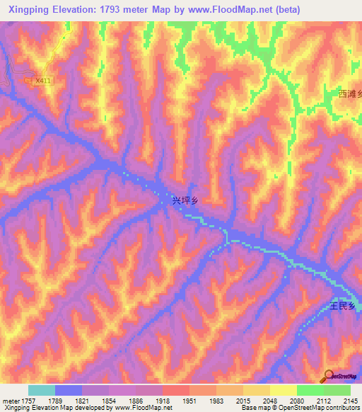 Xingping,China Elevation Map