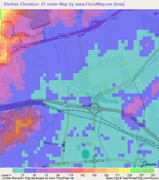 Xindian,China Elevation Map