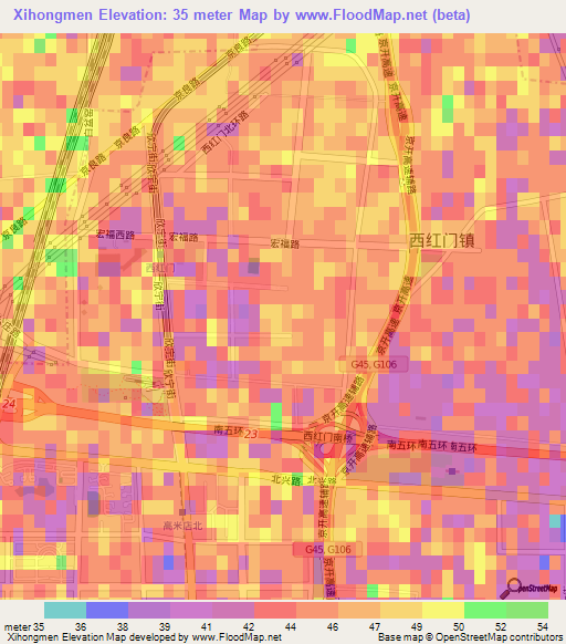 Xihongmen,China Elevation Map
