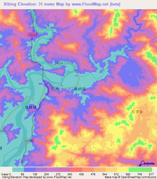 Xibing,China Elevation Map