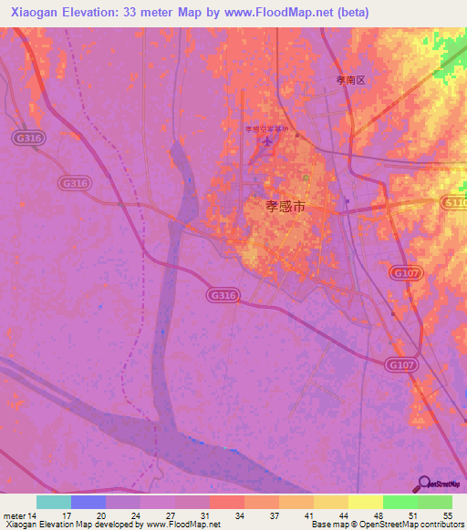 Xiaogan,China Elevation Map