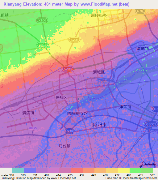 Xianyang,China Elevation Map
