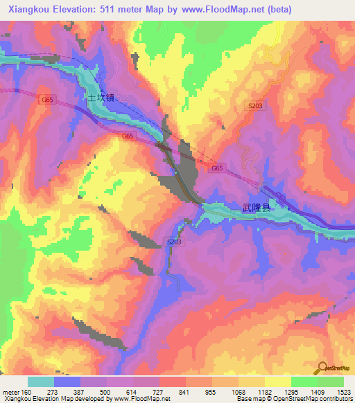 Xiangkou,China Elevation Map